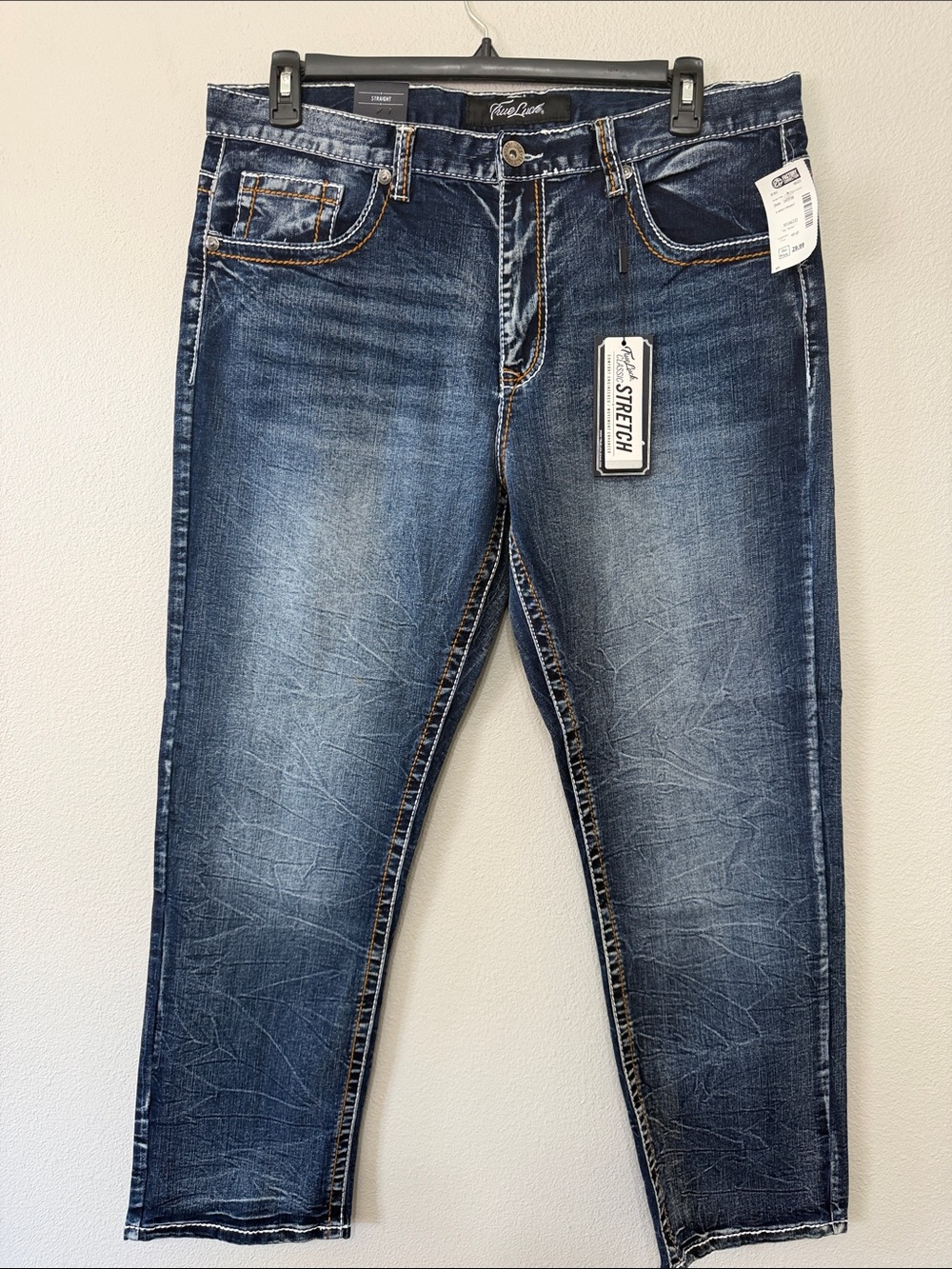 True Luck Men’s Dark Blue Straight Stretch Jeans Distressed 38/30 Medium Wash